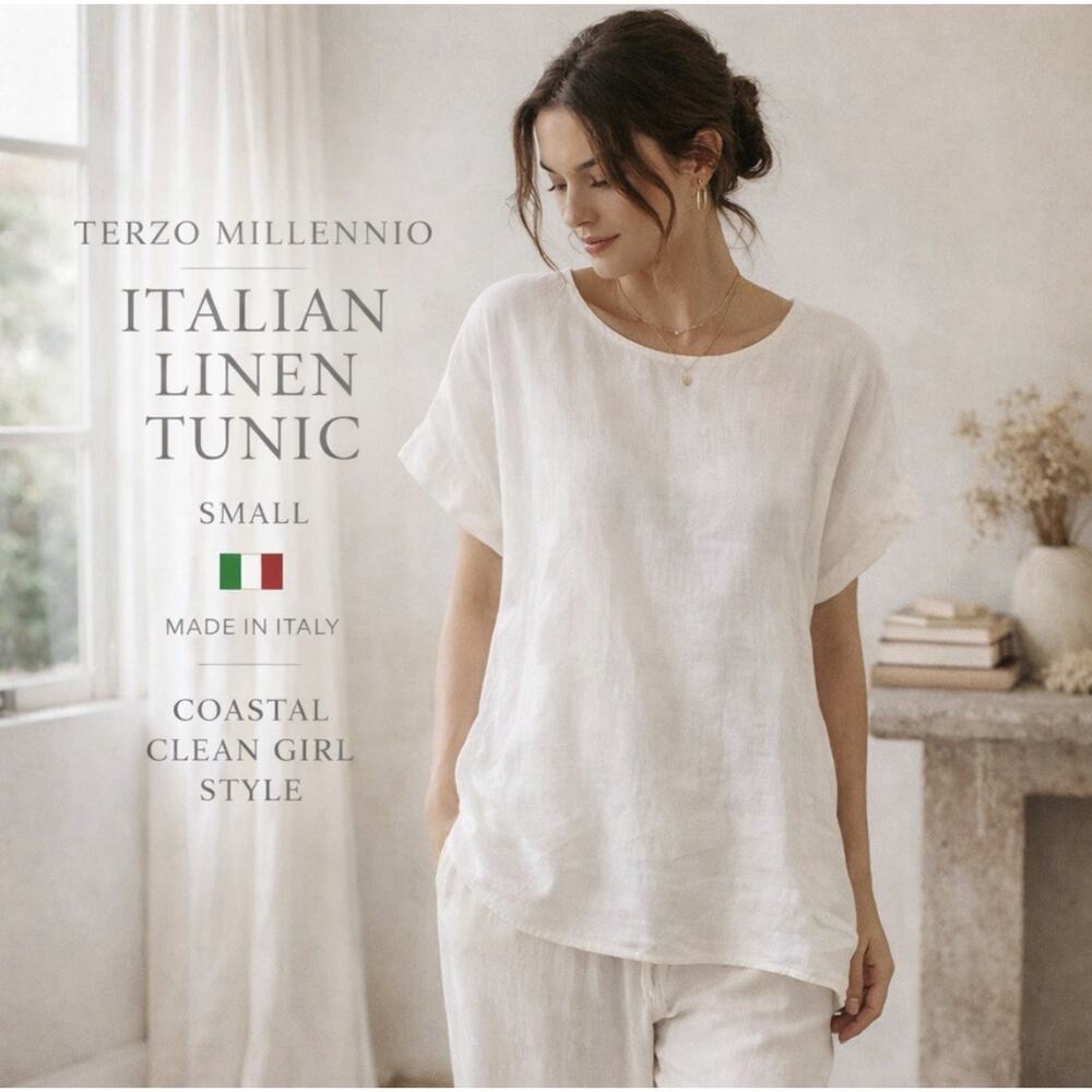 Made in Italy Linen Tunic Top Sm White Minimalist Coastal Lagenlook Button Back